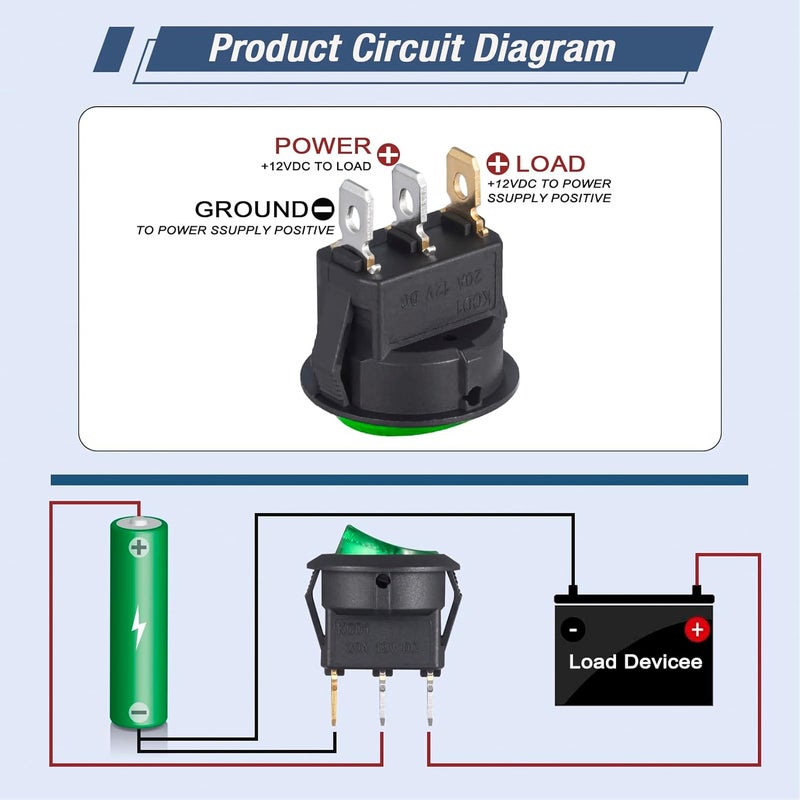 VEXUNGA Round Rocker Switch 12V 20A Green Light Iluminated Small Rocker Switch On Off 3 Pin Circle Square Toggles Switches for RV Car Truck Boat (Pack of 5pcs) - Image 3
